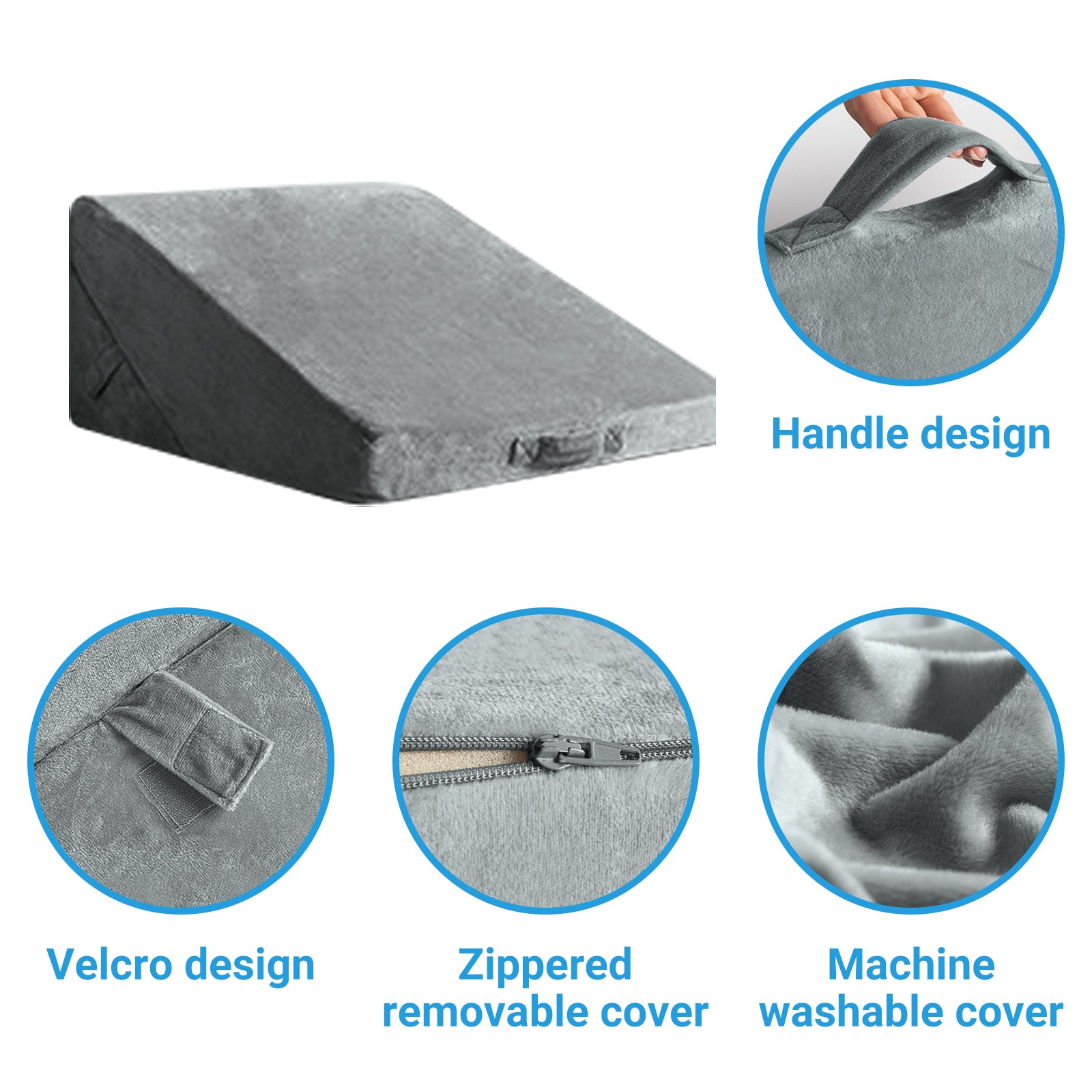 Gray wedge cushion with handle, velcro, zipped cover, and machine washable features.