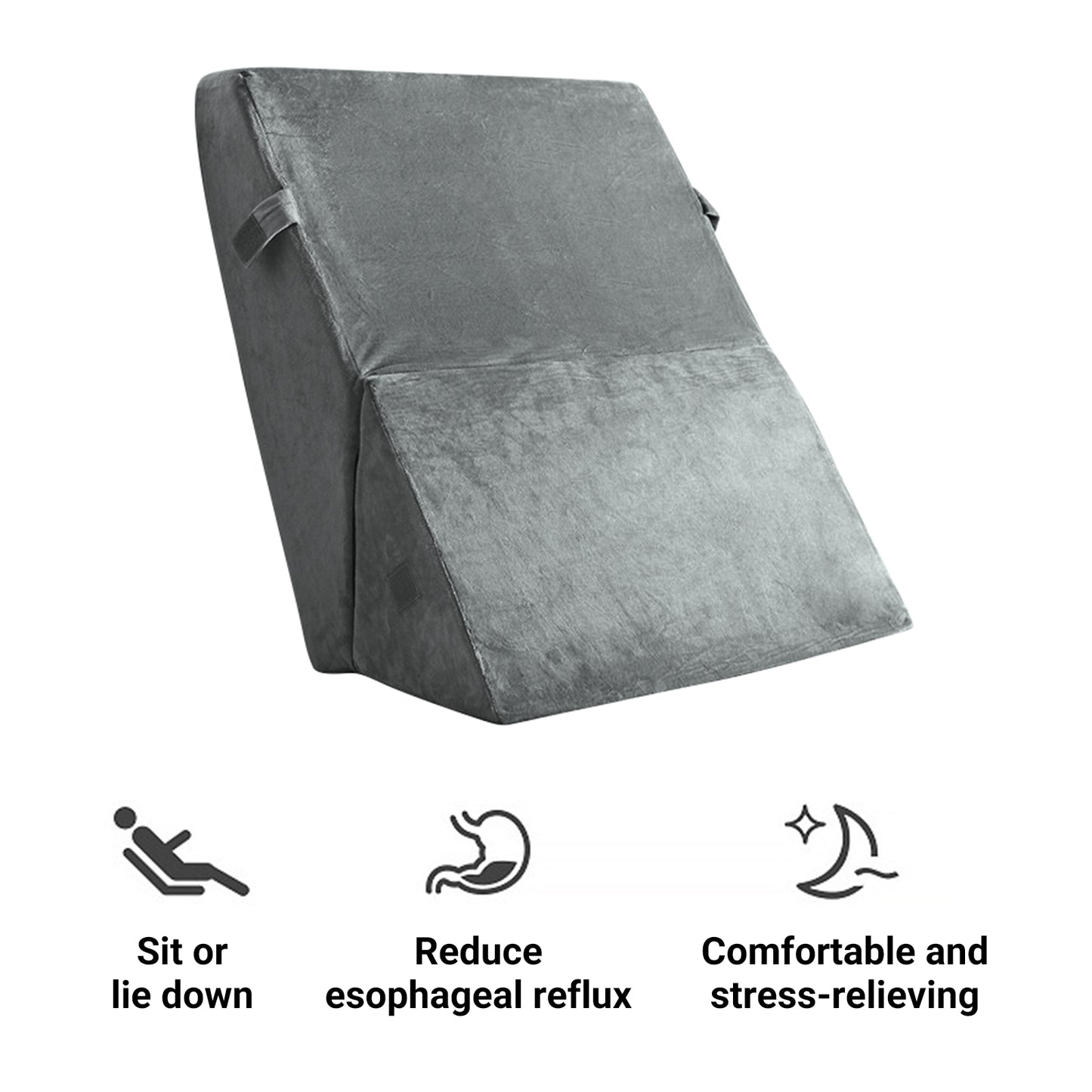 Gray wedge pillow with icons and text on a white background