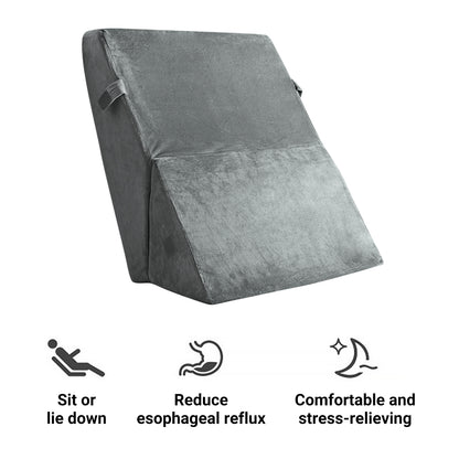 Gray wedge pillow with icons and text on a white background