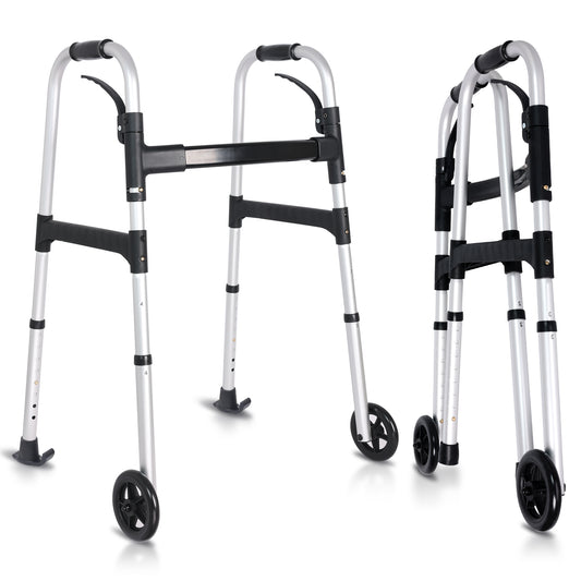 A sleek black knee walker featuring a large seat, robust frame, and a handlebar with attached storage bag, shown in a side view on a white background.