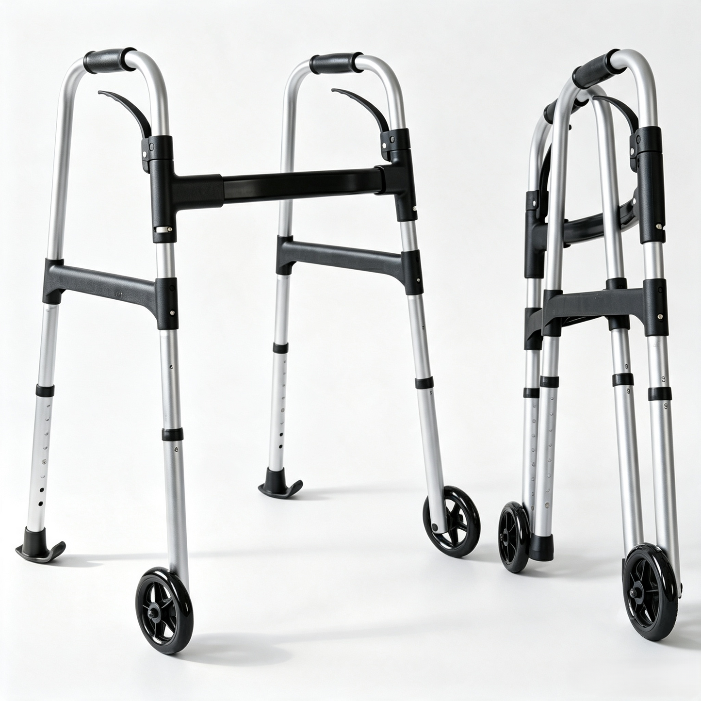 Two silver and black rollator walkers shown on a clean white studio background, with one larger view on the left and a smaller folded view on the right.