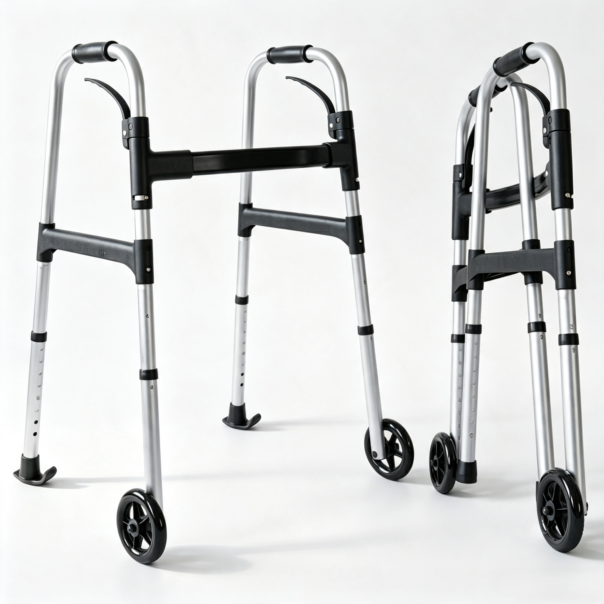Two silver and black rollator walkers shown on a clean white studio background, with one larger view on the left and a smaller folded view on the right.