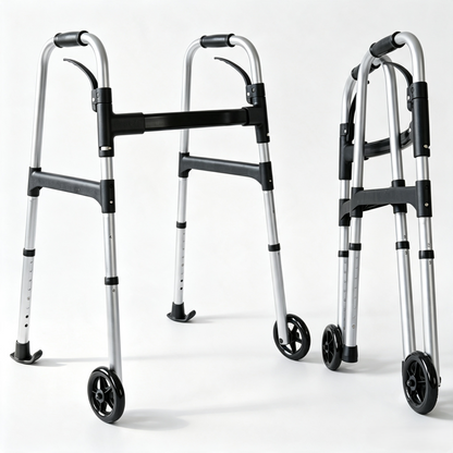 Two silver and black rollator walkers shown on a clean white studio background, with one larger view on the left and a smaller folded view on the right.