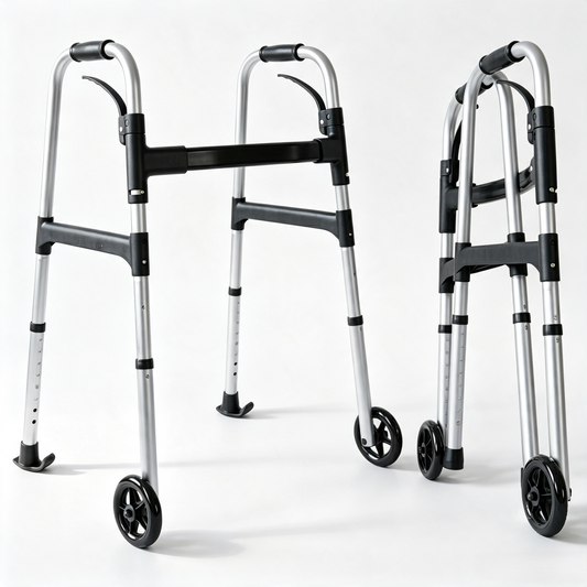 Two silver and black rollator walkers shown on a clean white studio background, with one larger view on the left and a smaller folded view on the right.
