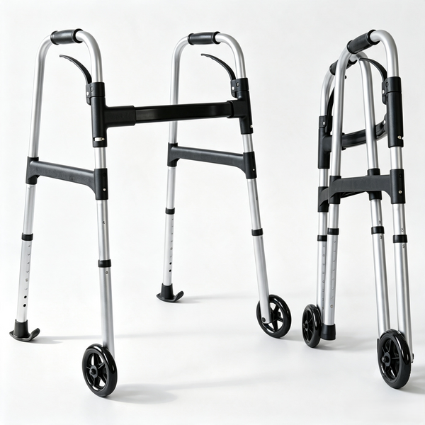 Two silver and black rollator walkers shown on a clean white studio background, with one larger view on the left and a smaller folded view on the right.