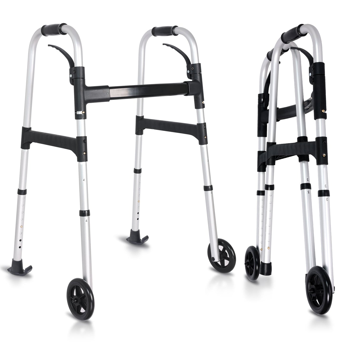 Altus Aluminum Folding Walking Frame with wheels and anti-slip tips for stability and mobility support.