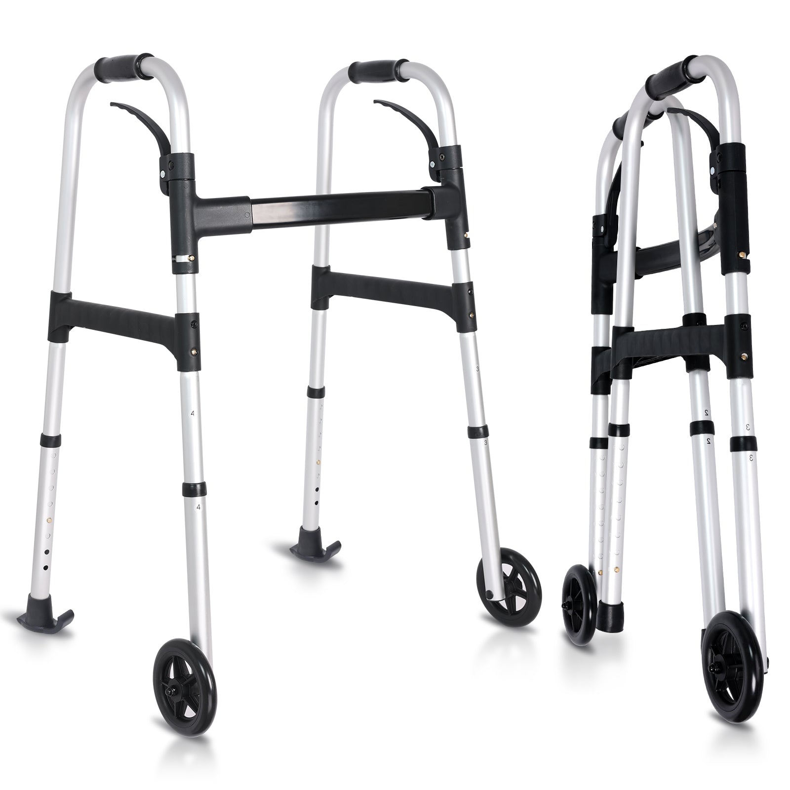 Altus Aluminum Folding Walking Frame with wheels and anti-slip tips for stability and mobility support.