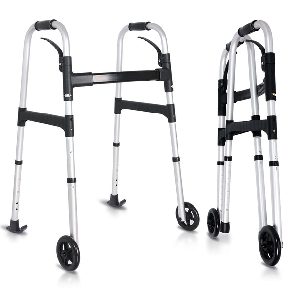 Altus Aluminum Folding Walking Frame with wheels and anti-slip tips for stability and mobility support.