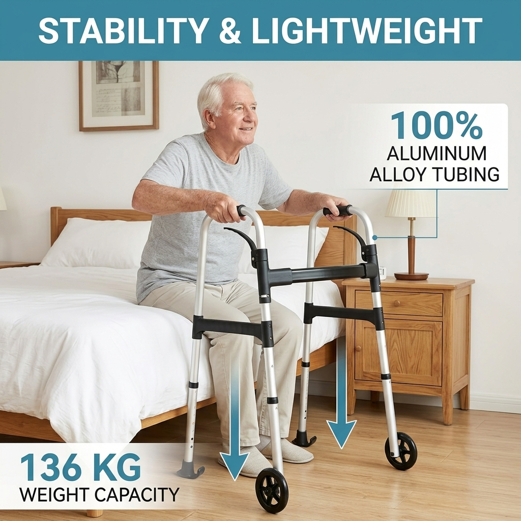 An older man sits on a bed using a silver and black four-wheel walker in a bedroom. The image includes marketing text overlays: 'STABILITY & LIGHTWEIGHT' at the top, '100% ALUMINUM ALLOY TUBING' on the right, and '136 KG WEIGHT CAPACITY' at the bottom left.