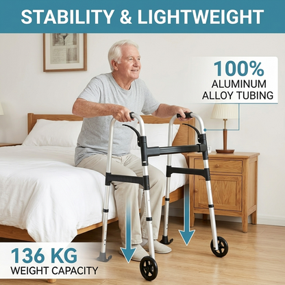 An older man sits on a bed using a silver and black four-wheel walker in a bedroom. The image includes marketing text overlays: 'STABILITY & LIGHTWEIGHT' at the top, '100% ALUMINUM ALLOY TUBING' on the right, and '136 KG WEIGHT CAPACITY' at the bottom left.