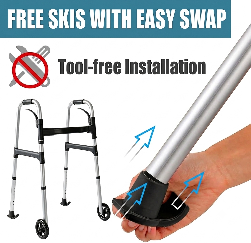 Promotional graphic for a walker swap kit showing a hand holding a silver metal pole with a black base, blue arrows indicating easy swap functionality, text reading 'FREE SKIS WITH EASY SWAP' and 'Tool-free Installation,' plus two assembled walker views on a white background.