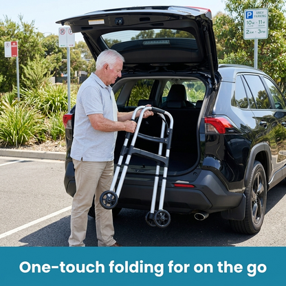 An older man uses a foldable walker to load it into the trunk of a black SUV in a parking lot. The image includes a teal banner at the bottom with the text 'One-touch folding for on the go'.