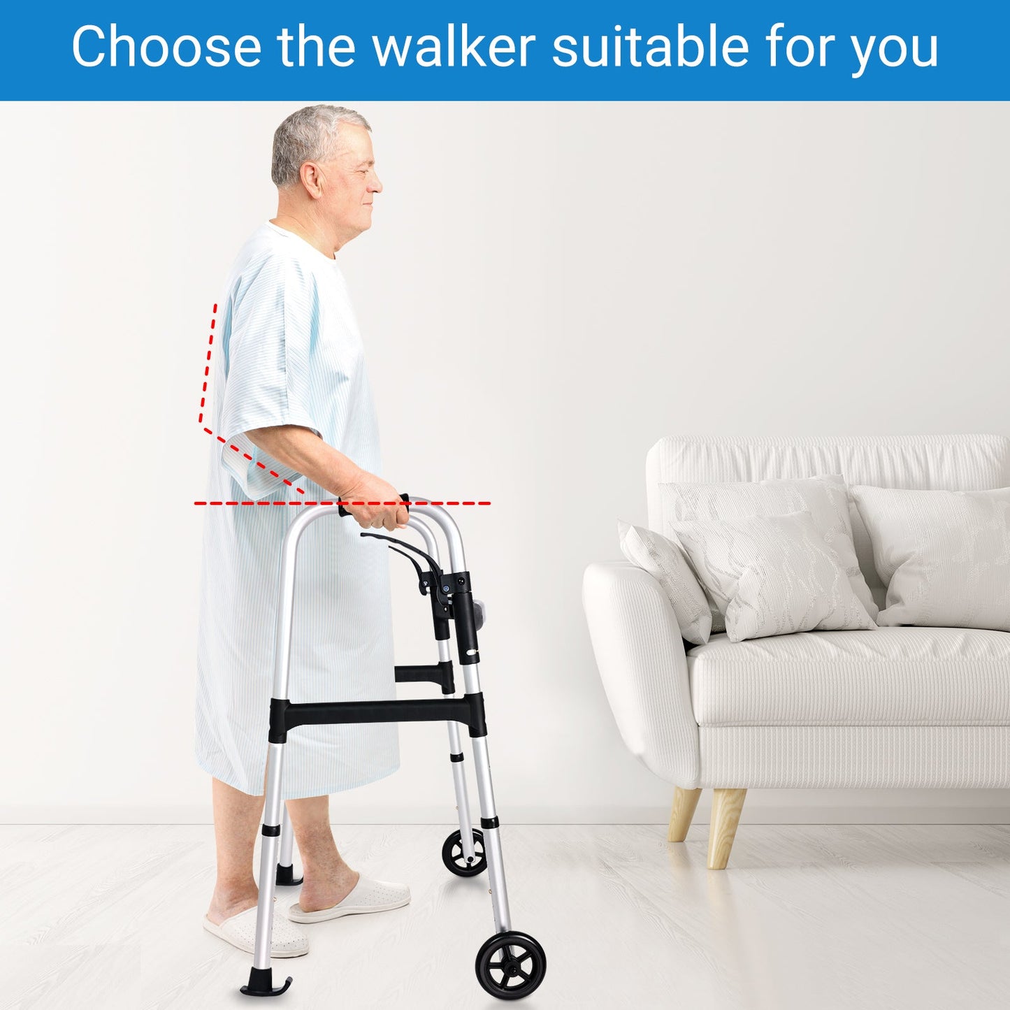 Man using the Altus Aluminum Walking Frame, highlighting the adjustable height for comfortable use.