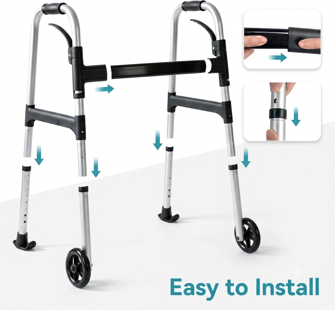 Silver and black adjustable walker with wheels, shown on a white studio background with inset close-ups of installation steps and the text 'Easy to Install'.