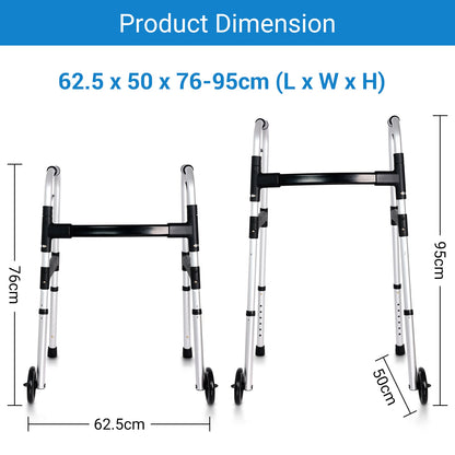 Dimensions of Altus Aluminum Folding Walking Frame: 62.5 x 50 x 76-95 cm for versatile use.