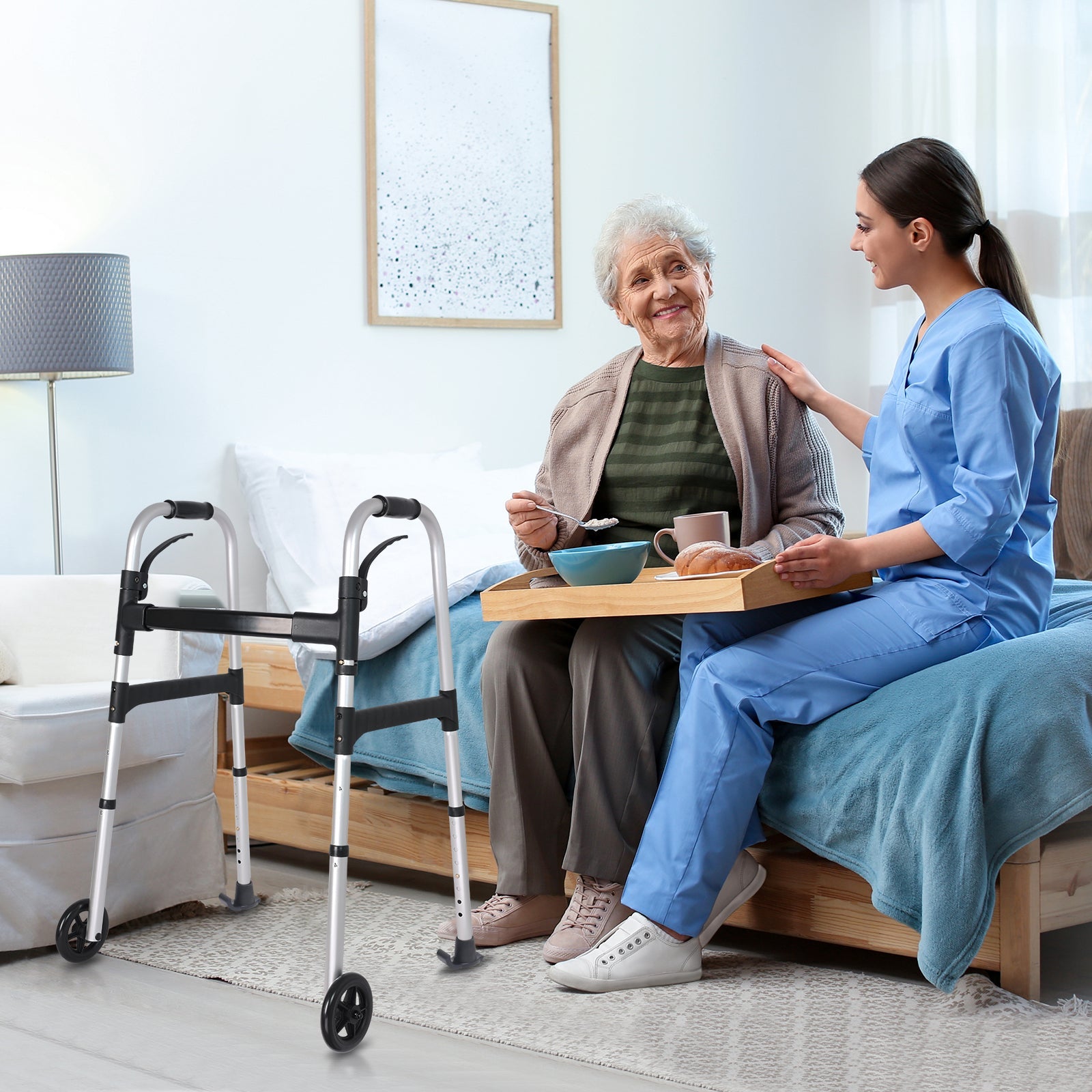 Altus Aluminum Folding Walking Frame next to an elderly woman enjoying a meal with caregiver support, showcasing the walker’s use in a home setting for mobility assistance.