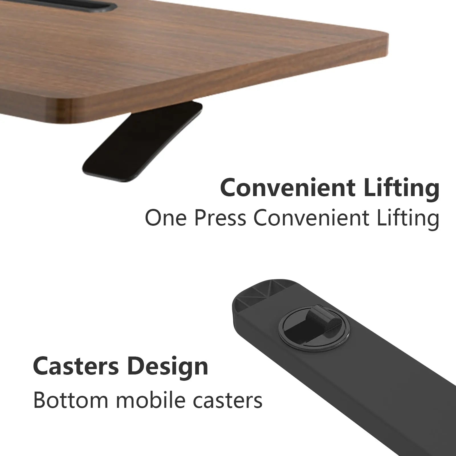 Close-up view of the caster design on a mobile standing desk, emphasizing the convenience of mobility.