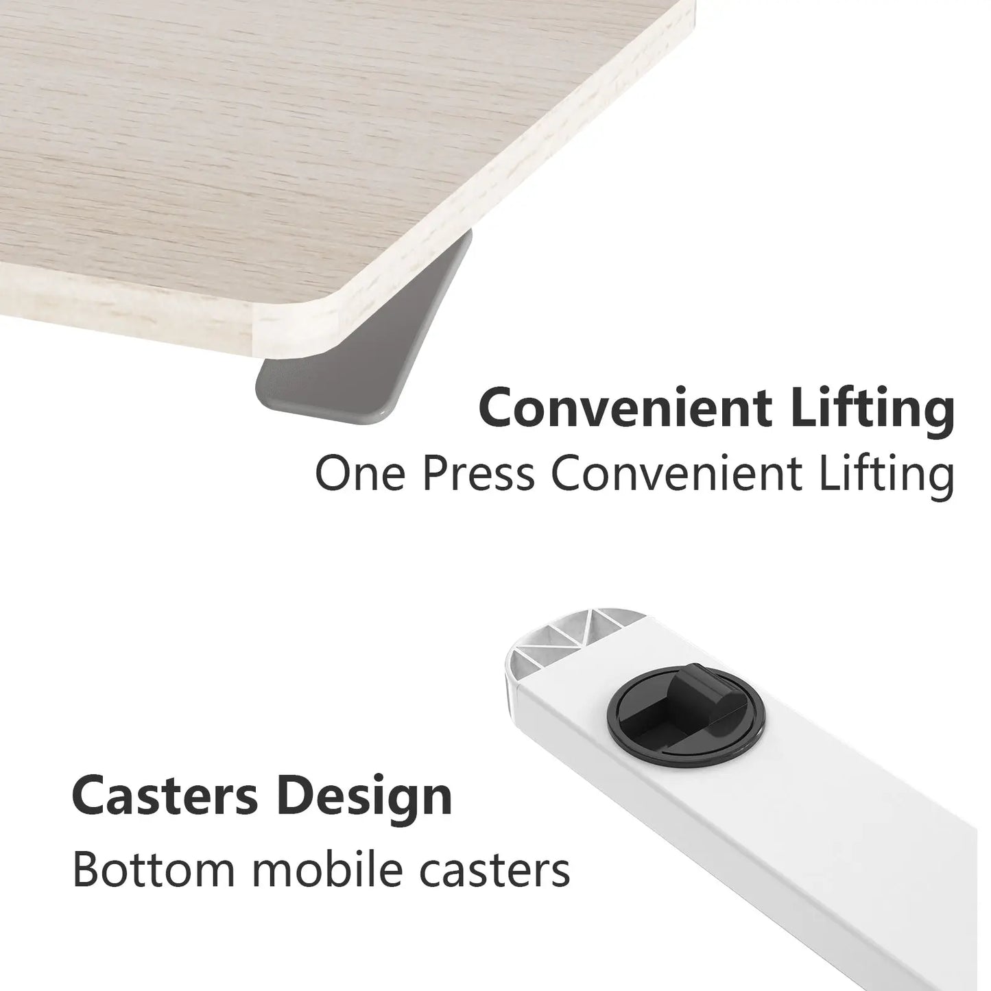 Graphic detail showing the desk's caster wheels, emphasizing their 360-degree rotation and lockable design, enhancing mobility and versatility in moving and positioning the desk