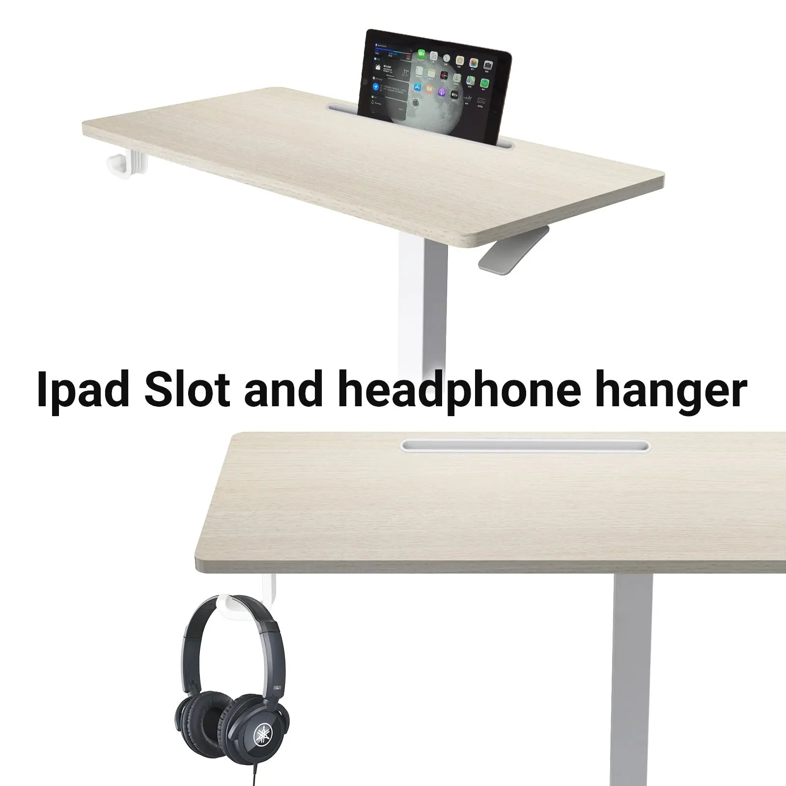 Top view of the desk’s wooden surface featuring a built-in iPad slot and a sleek, scratch-resistant finish, suitable for modern tech-oriented setups.