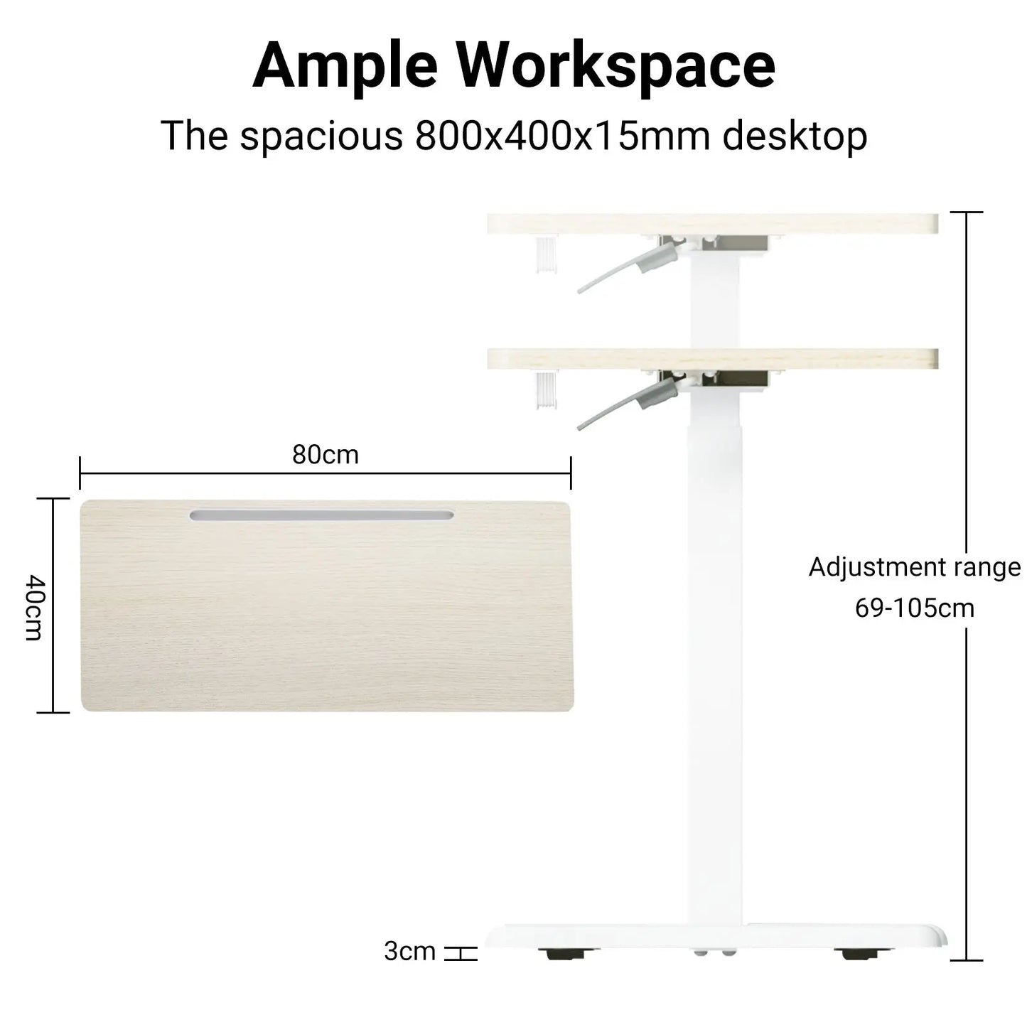 Full front view of the desk showing its complete height range and compact size, ideal for small spaces and various user heights.