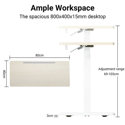 Full front view of the desk showing its complete height range and compact size, ideal for small spaces and various user heights.