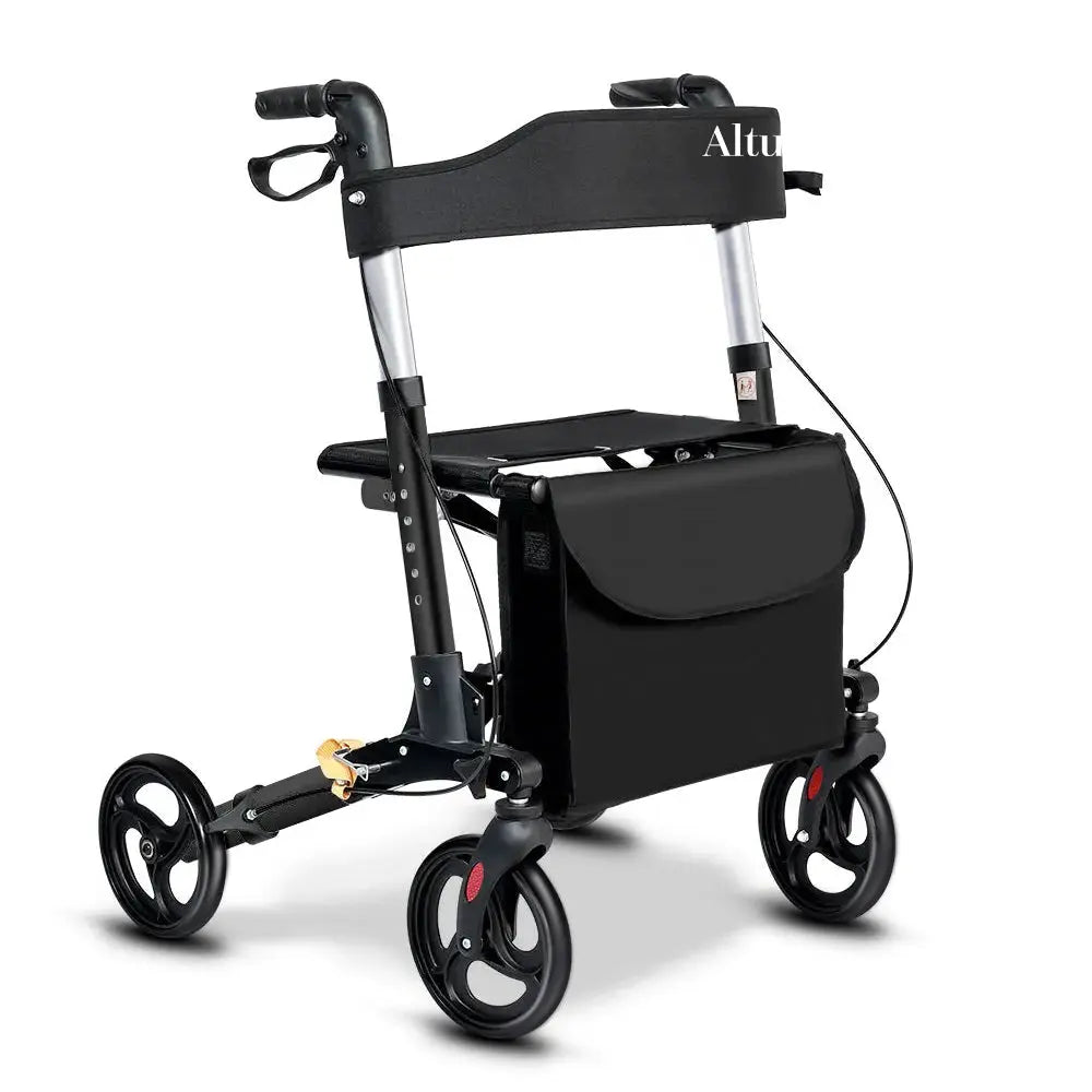 Altus Euro Style Mobility Rollator Walking Frame with Seat Back Bag X-Fold Alloy Frame Black myaltus