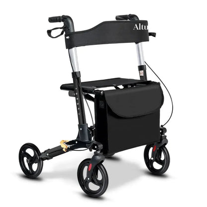 Altus Euro Style Mobility Rollator Walking Frame with Seat Back Bag X-Fold Alloy Frame Black myaltus