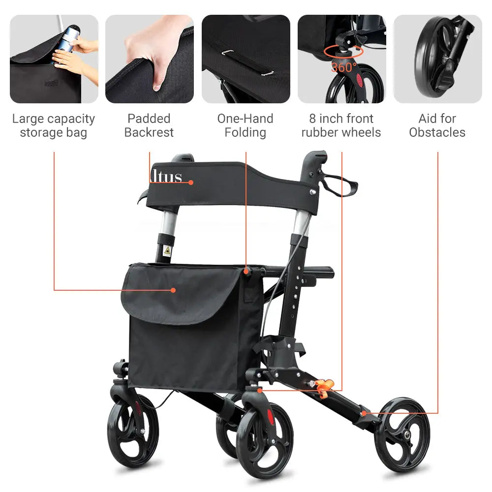 "Featuring a large capacity storage bag, padded backrest, and one-hand folding mechanism, the Altus 8-inch Euro Rollator is designed for convenience and practicality. Navigate obstacles effortlessly with its 8-inch front rubber wheels."