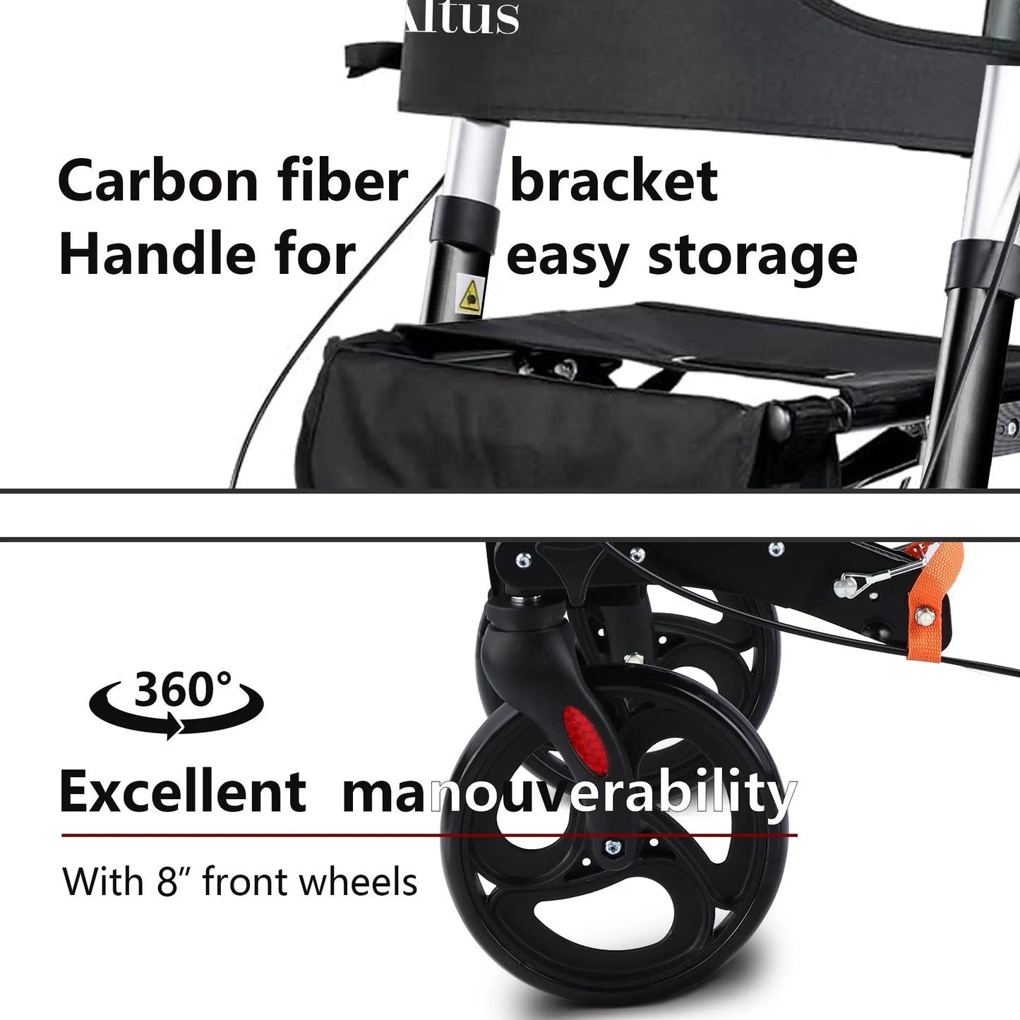 Altus rollator with carbon fiber handle bracket and 8-inch front wheels, providing excellent maneuverability and easy storage for elderly users.