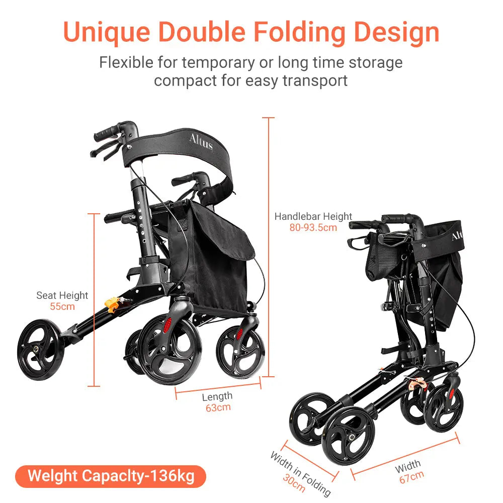 Check out the detailed dimensions of the Altus 8-inch Euro Rollator. With a weight capacity of 136kg, adjustable handlebar height, and compact folding width, this rollator is designed to meet diverse user needs."