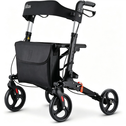 A black rollator walker with a front storage basket, shown on a clean white background. The brand name 'Matus' is visible on the backrest.