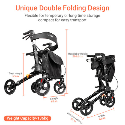 Altus Euro Walker Mobility Rollator Seat Rollator with Bag Aluminium Frame - Black