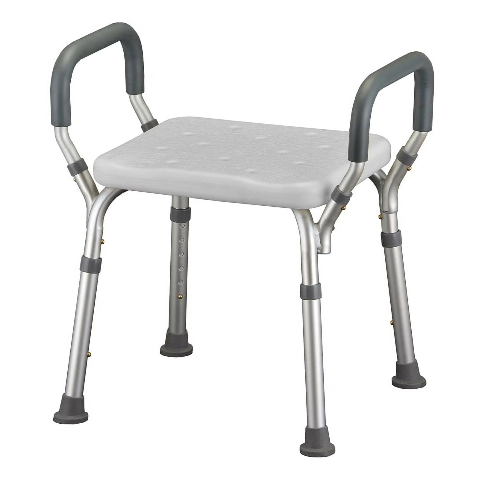 Medical shower chair with gray seat and armrests on a white background