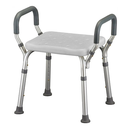 Medical shower chair with gray seat and armrests on a white background