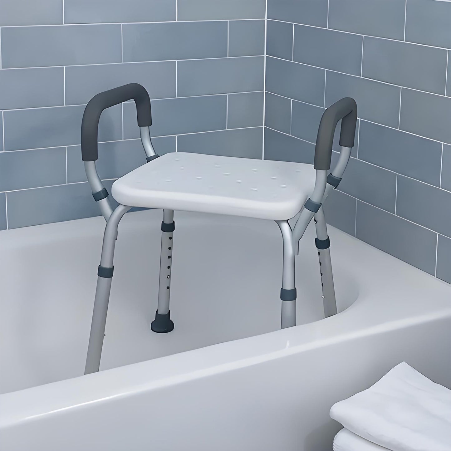 Bath support chair in a bathroom with tiled walls and a bathtub.