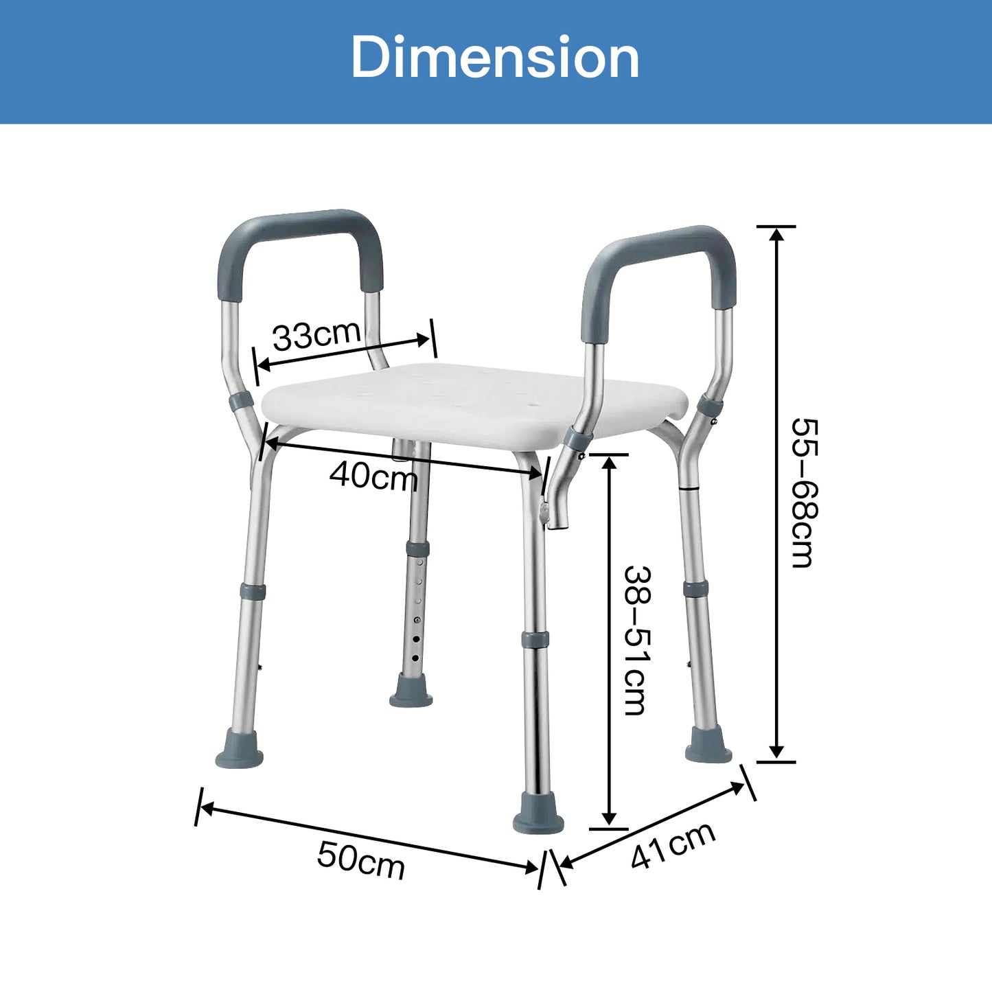 Measurement chart of a medical walker with dimensions labeled