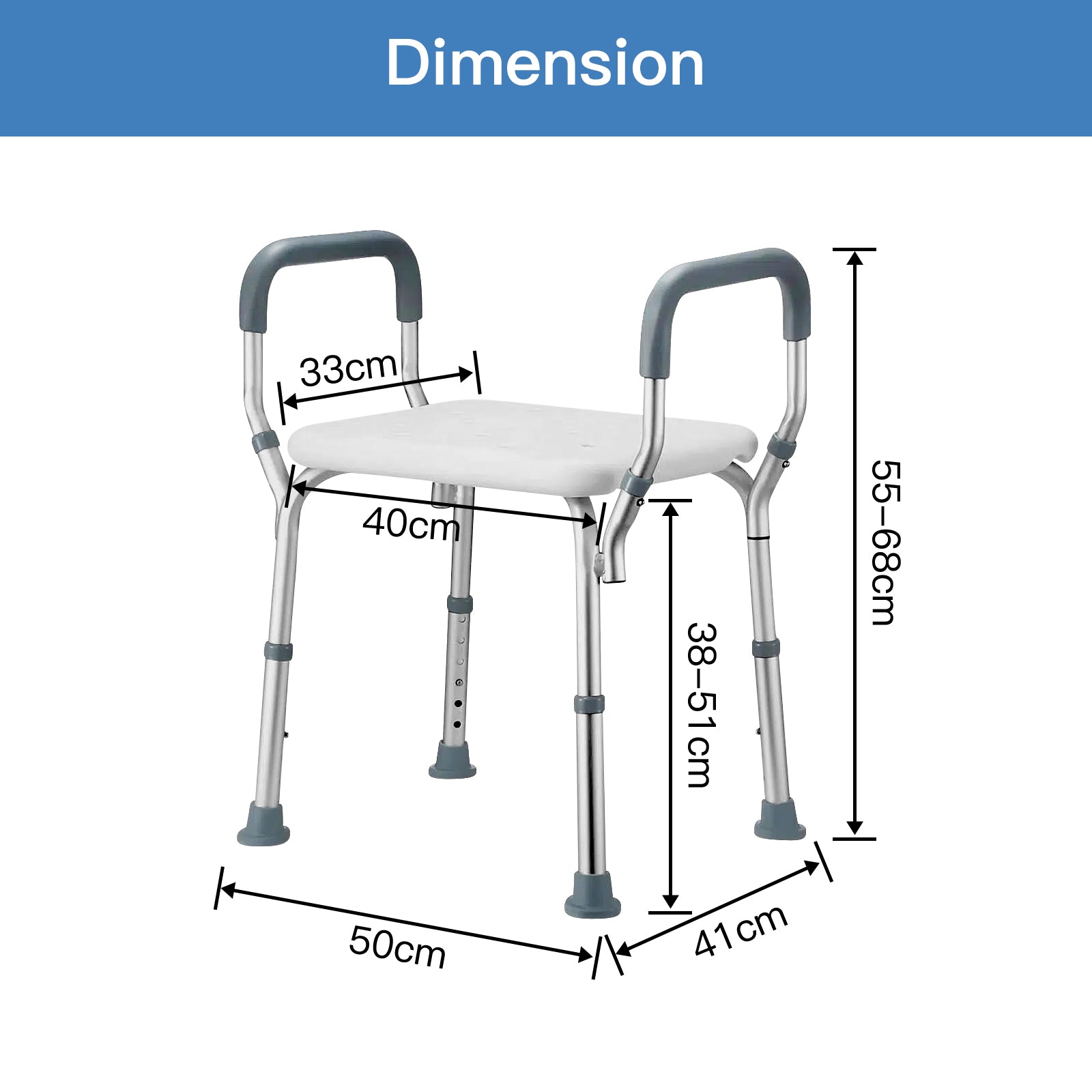 Measurement chart of a medical walker with dimensions labeled