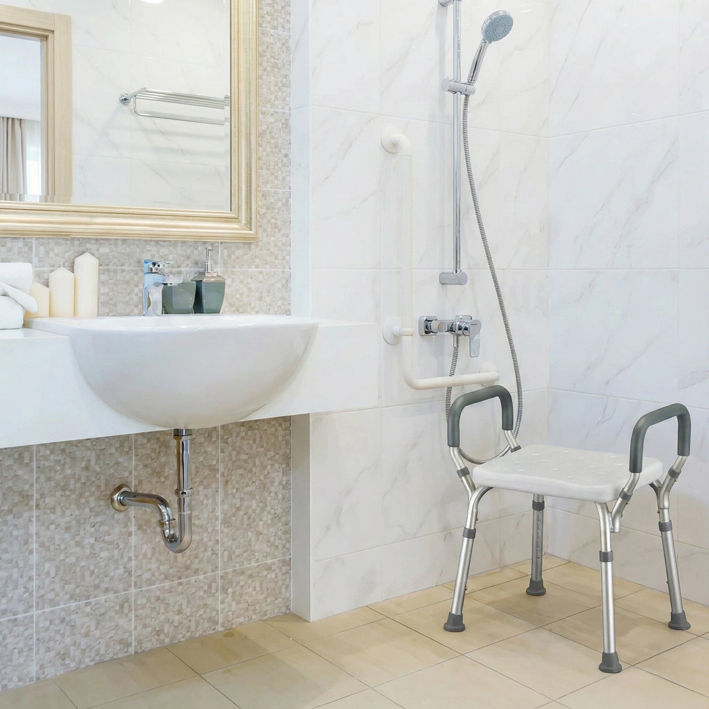 Bathroom with a shower chair and grab bars for accessibility