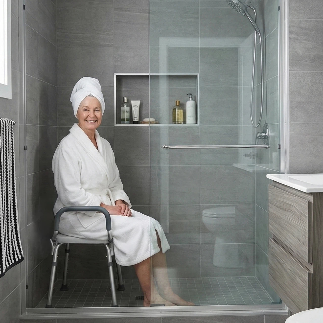 Woman in a white robe sitting in a shower with gray tiled walls and a glass door.