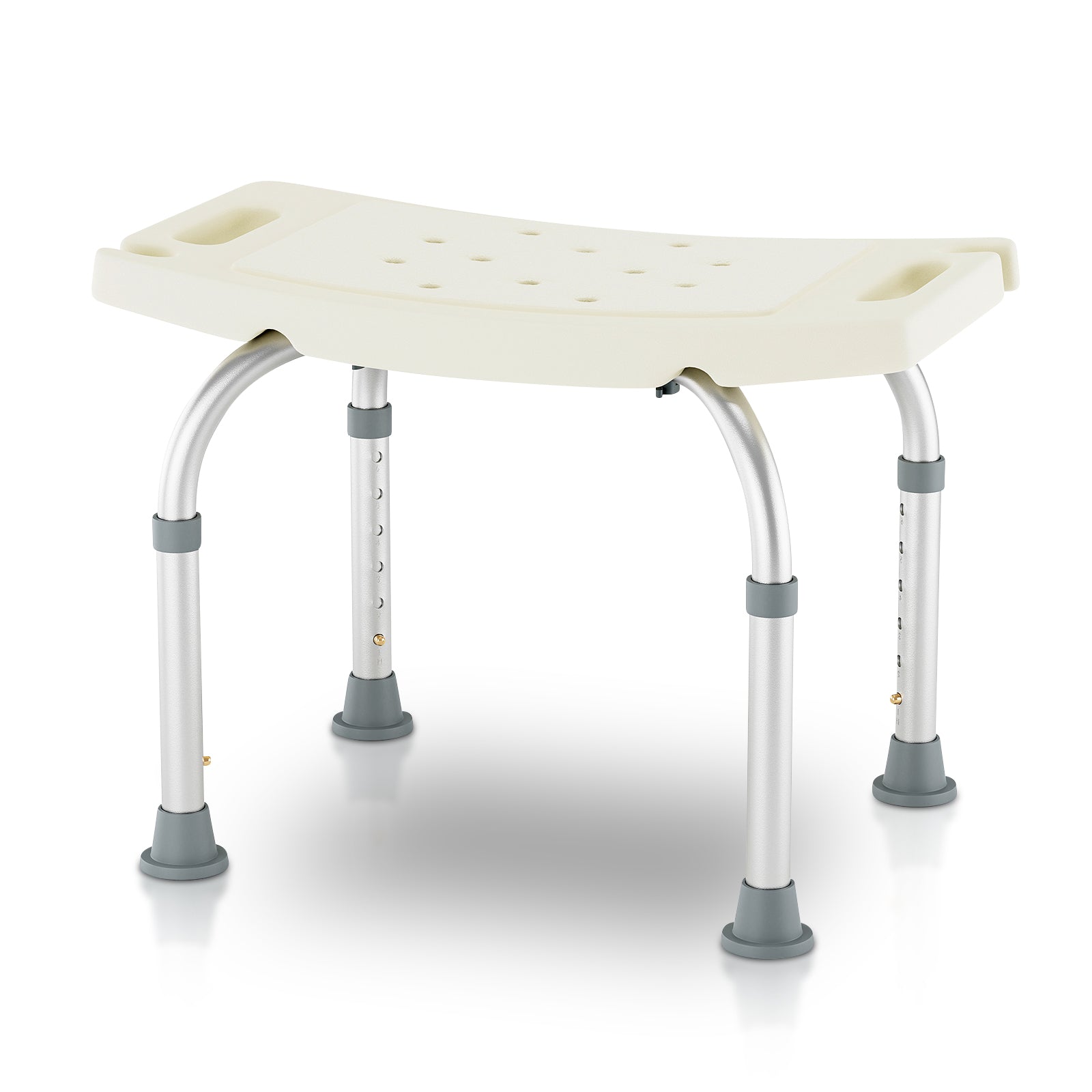 Adjustable shower bench with white seat and silver frame on a white background