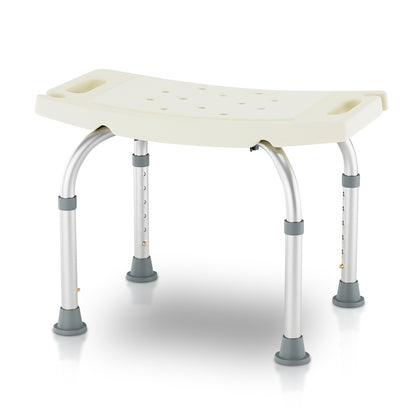 Adjustable shower bench with white seat and silver frame on a white background