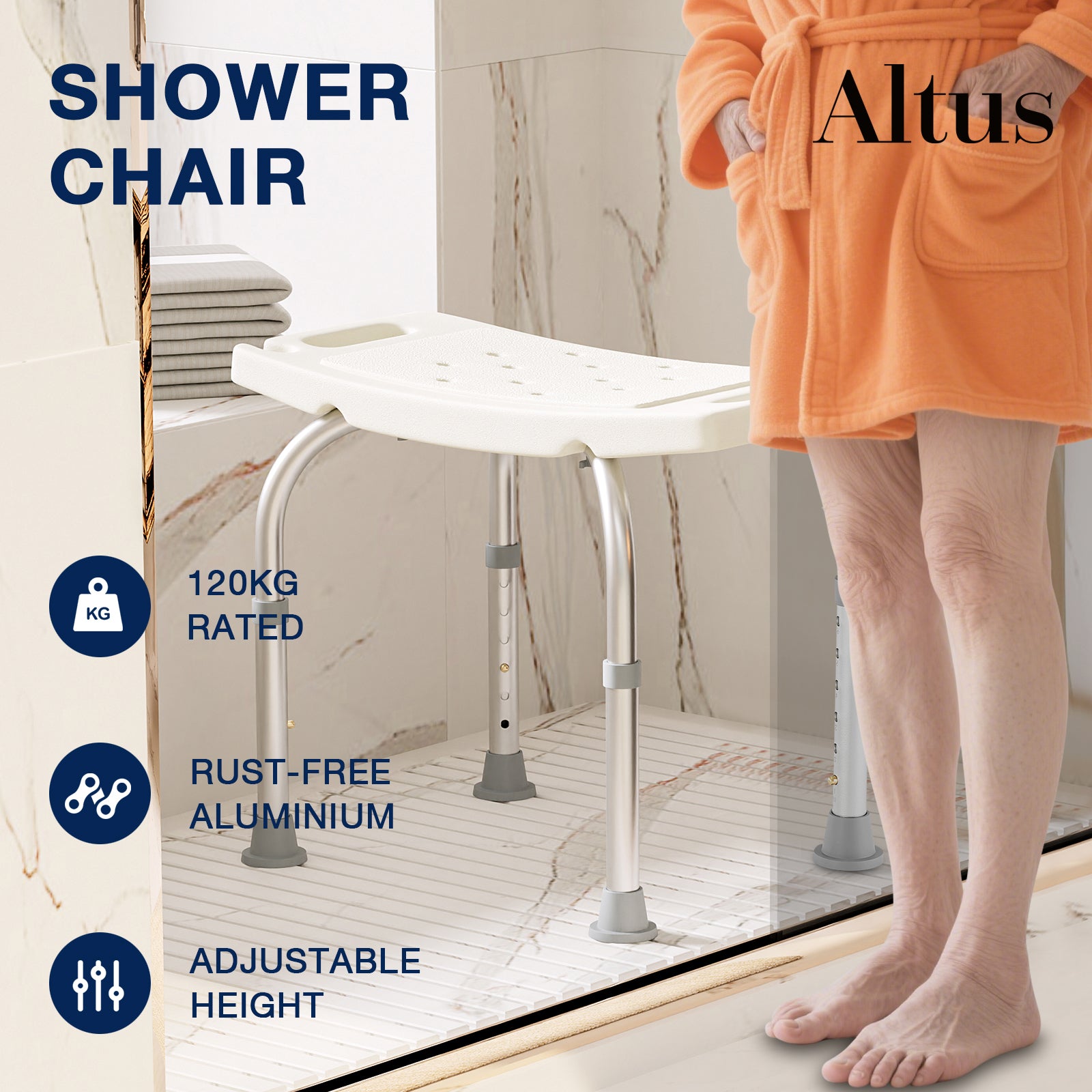 Waterproof HDPE seat, anti-slip feet, and rust-resistant aluminium frame provide 120kg capacity and comfortable daily showering.