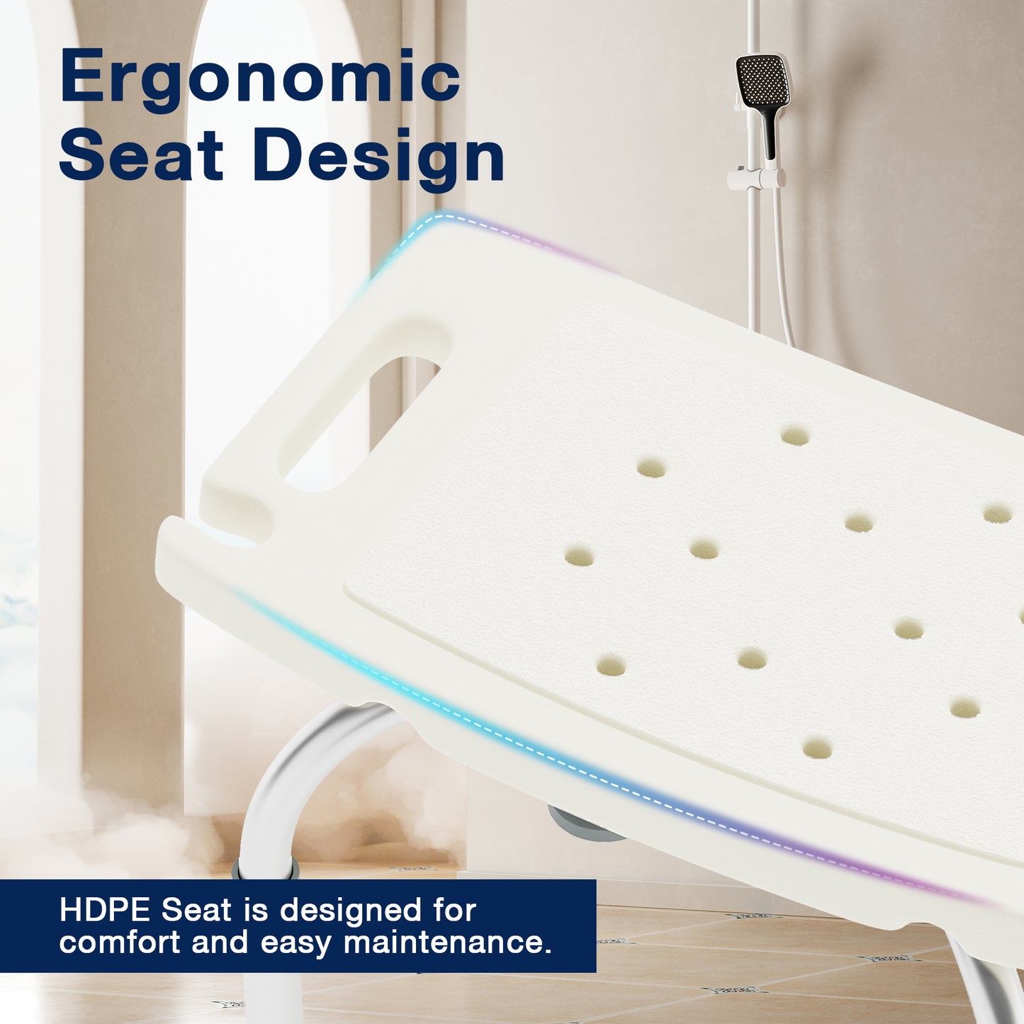 Designed with a rust-free aluminium frame and ergonomic HDPE seat, this shower chair offers reliable support and comfort for everyday use.