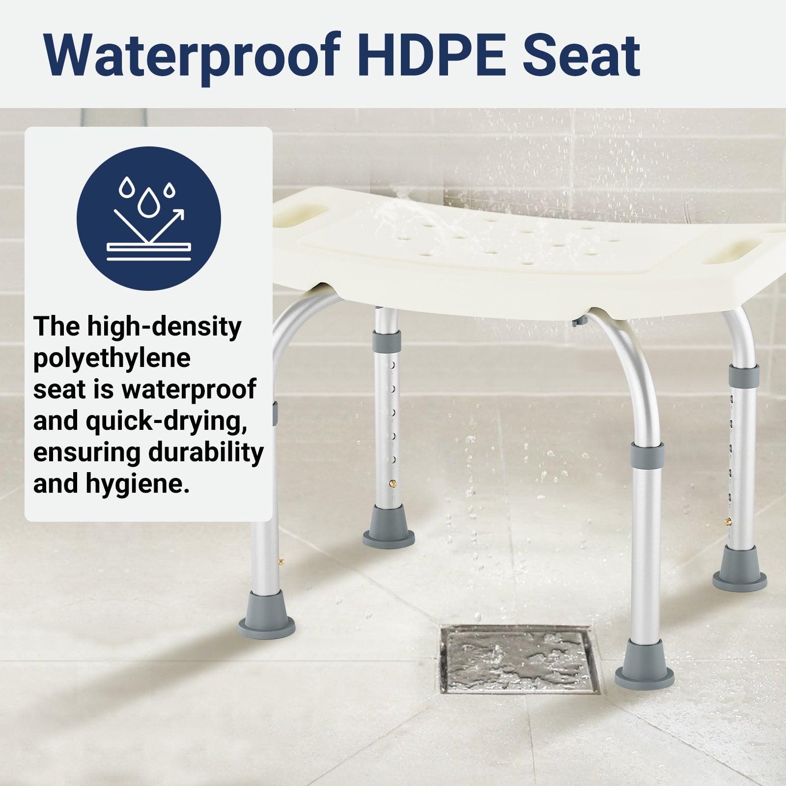 Ideal for safer showering, this sturdy aluminium stool supports 120kg, includes a shower head holder, and adjusts easily to fit your needs.