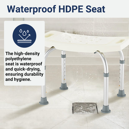Ideal for safer showering, this sturdy aluminium stool supports 120kg, includes a shower head holder, and adjusts easily to fit your needs.