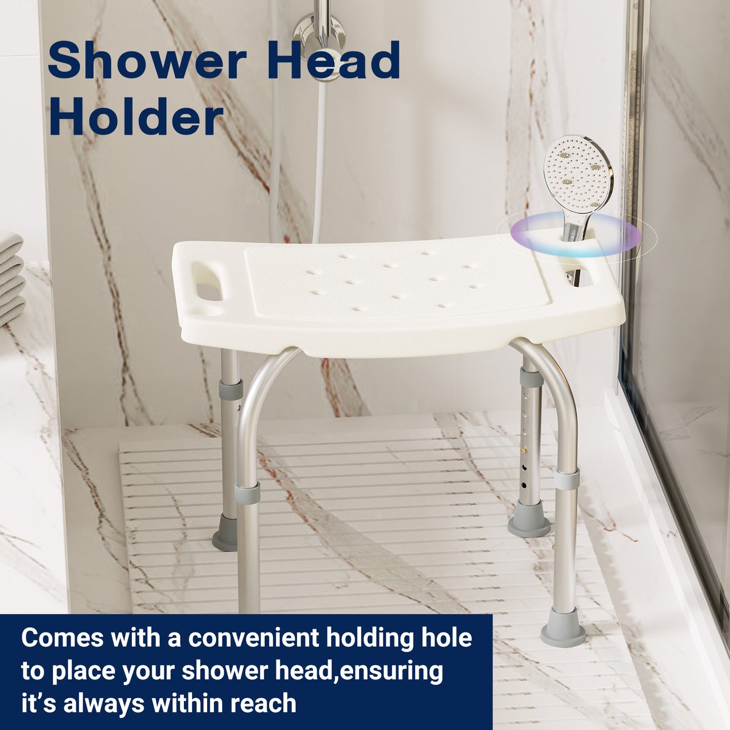 The textured non-slip seat and rubber foot caps enhance safety, while adjustable legs and rust-proof frame make it bathroom-ready.