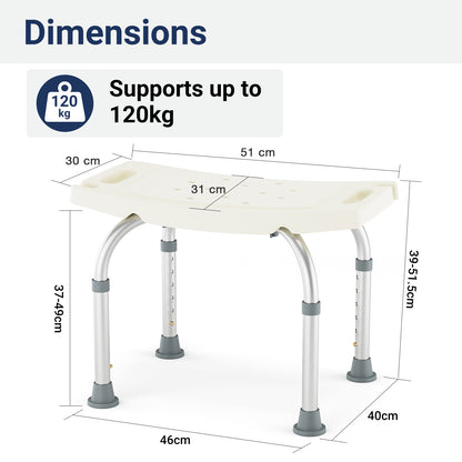 This chart shows stool dimensions: 120kg weight capacity, adjustable height (39–51.5cm), and a durable HDPE seat with generous width and depth.