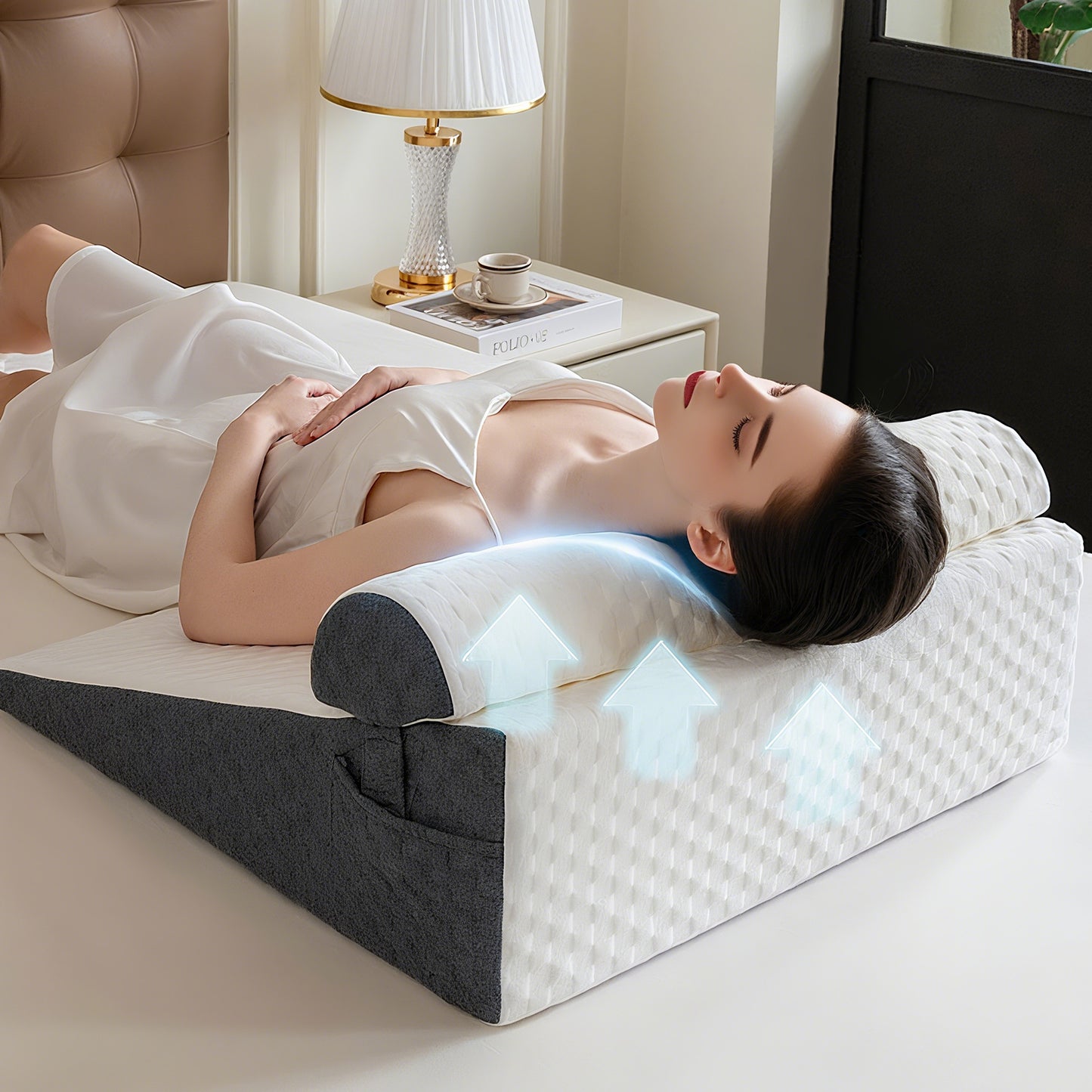 Woman lying on a wedge-shaped foam pillow in a bedroom setting.