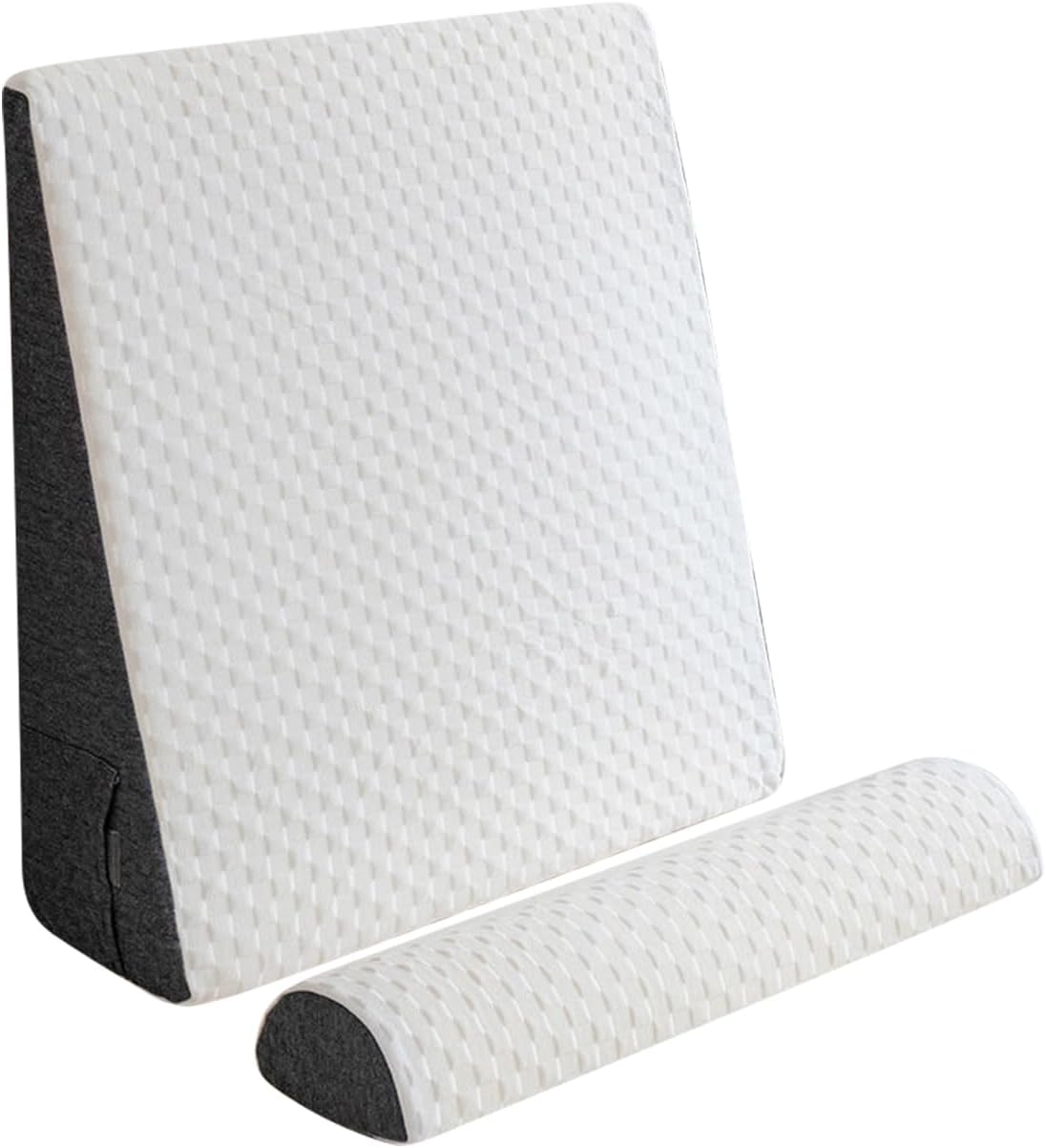 White wedge-shaped pillow with textured surface on a white background