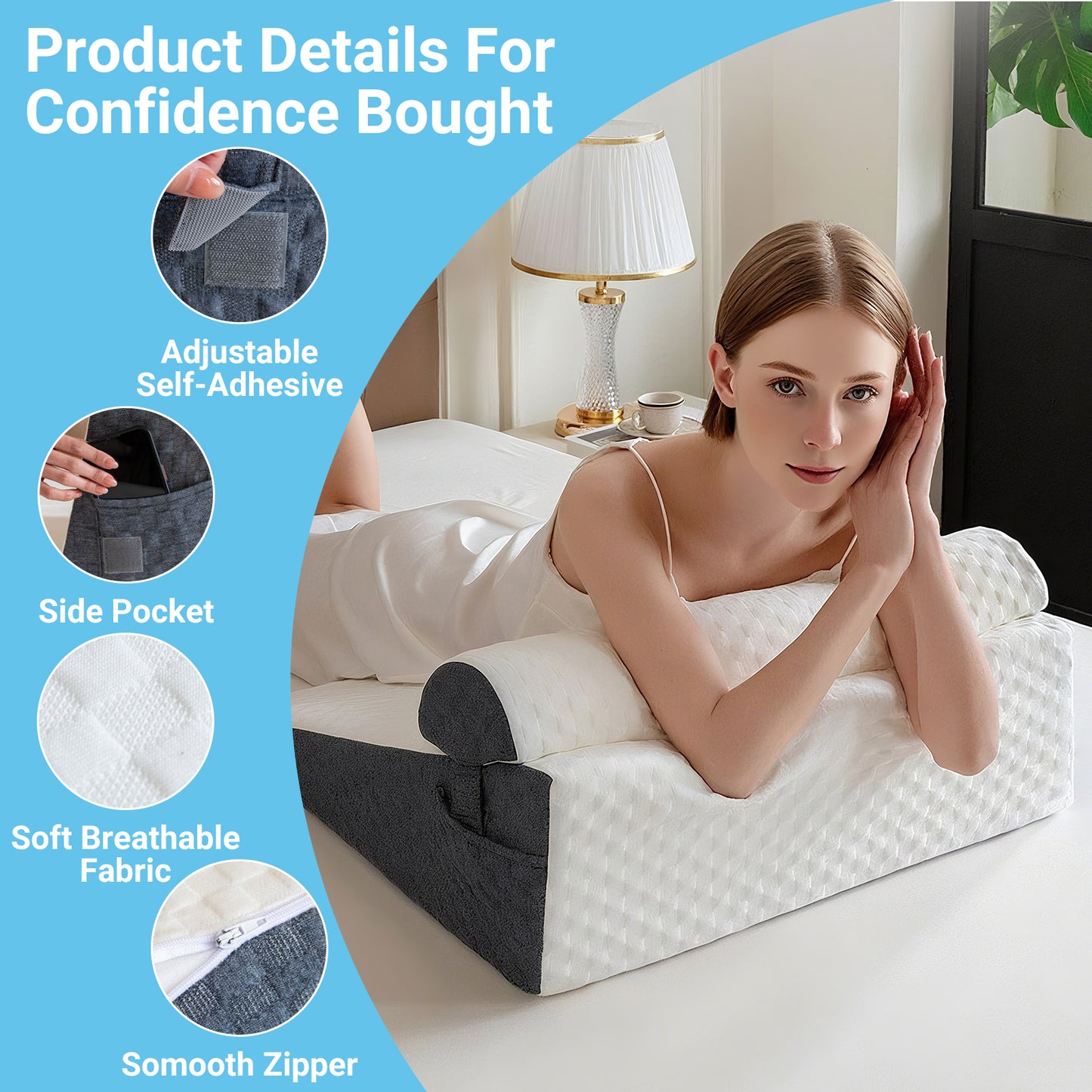 Woman lying on a wedge-shaped pillow with product features listed on the left.